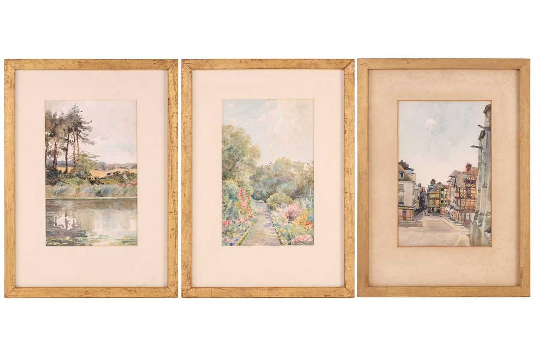 Henry William Cotman (1876-1938), 'The Loch Ochlerlong', 'Garden Ochlerlong', each signed and dated: Henry William Cotman (1876-1938), 'The Loch Ochlerlong', 'Garden Ochlerlong', each signed and dated 1909 & 'Rue aux Fures, Lisieux', watercolours, each inscribed verso, 25.5cm x 16.5cm (3) The Cotman 