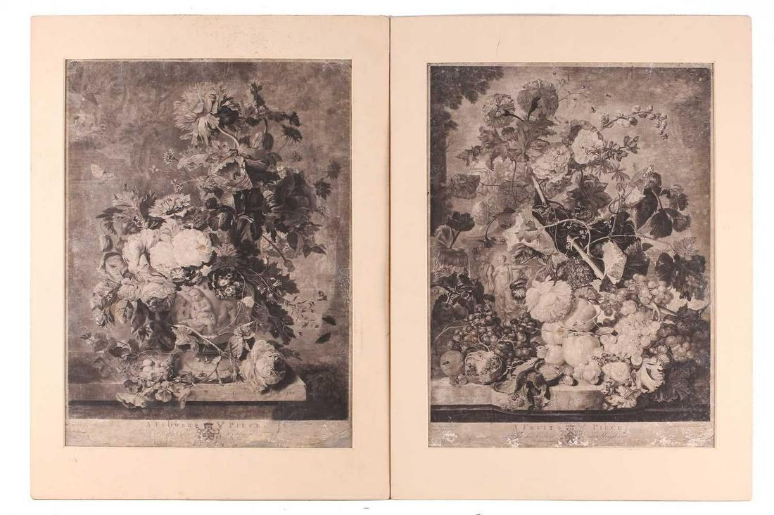 Jan Van Huysum (1682-1749), a near pair of 18th century mezzotint and etchings by Richard Earlom: Jan Van Huysum (1682-1749), a near pair of 18th century mezzotint and etchings by Richard Earlom (1743-1822) - A Fruit Piece and A Flower Piece, published by John Boydell, June 1778 & September 1781 r