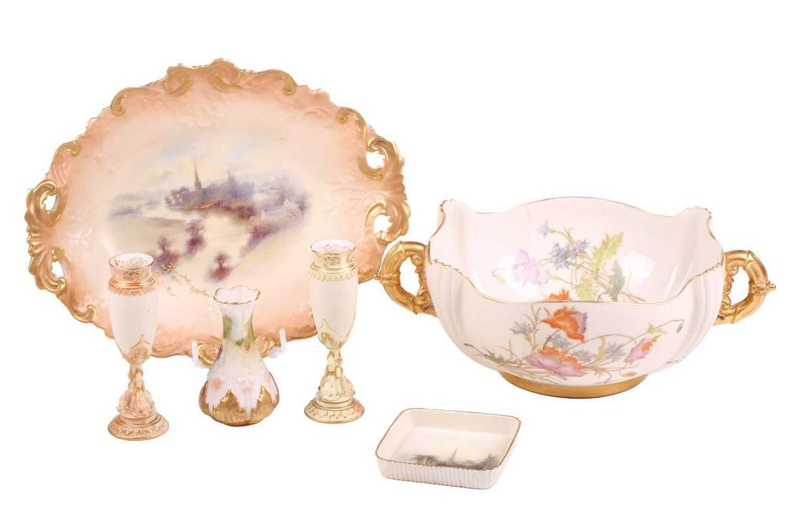 A Royal Worcester shaped square bowl, floral decoration on an ivory ground, gilt line rim, loop: A Royal Worcester shaped square bowl, floral decoration on an ivory ground, gilt line rim, loop handles, 29 cm wide, printed mark, shape no.1435, together with a Grainger Worcester oval-shaped dish, w