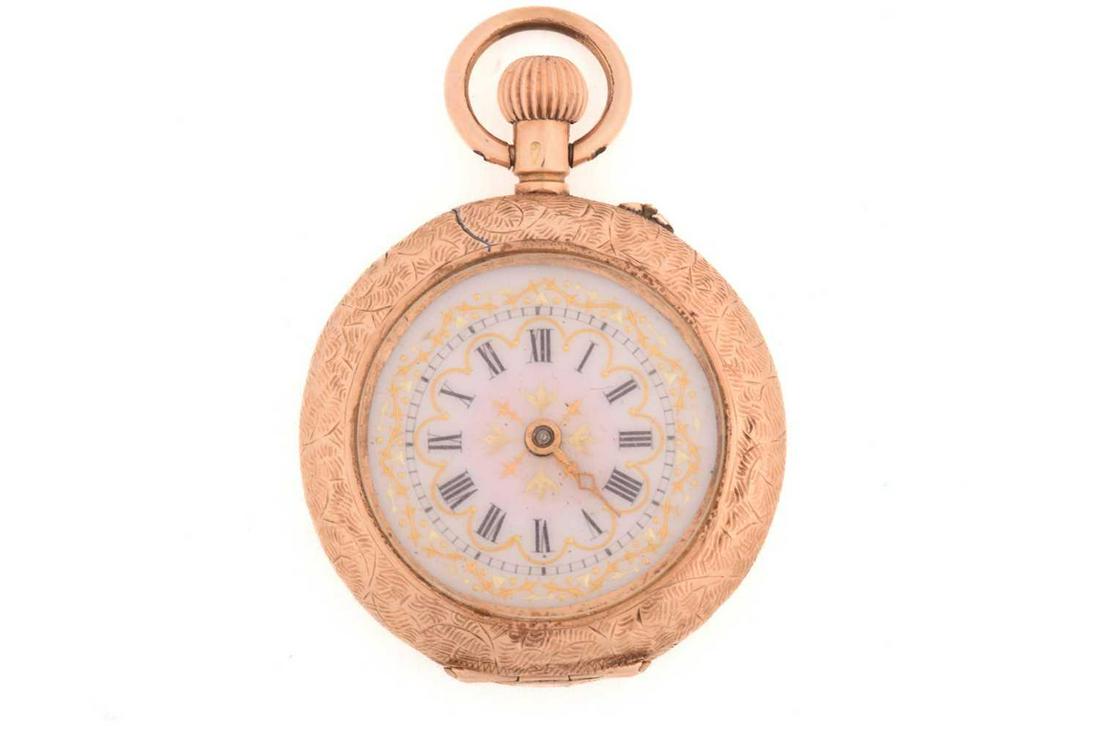 An open-face pocket fob watch, featuring a keyless wound movement in a yellow metal case stamped 14C (1 of 3)