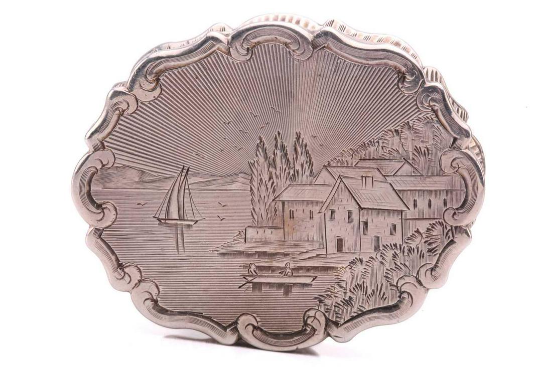 A Victorian silver vinaigrette, by Yapp & Woodward (John Yapp & John Woodward), Birmingham 1847, of: A Victorian silver vinaigrette, by Yapp & Woodward (John Yapp & John Woodward), Birmingham 1847, of lobed oval form, the hinged lid with engraved decoration depicting houses along shoreline with boats