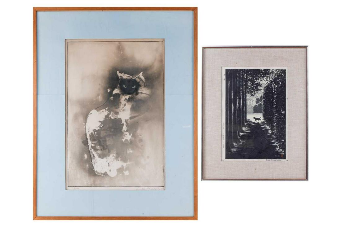 Shiro Kasamatsu (1898 - 1991), Moonlight Night (Cat), signed in pencil and stamped, woodblock, 36.5: Shiro Kasamatsu (1898 - 1991), Moonlight Night (Cat), signed in pencil and stamped, woodblock, 36.5 x 24 cm, framed and glazed, frame 55.5 x 44 cm; and Kaiko Moti (1921 - 1989), Siamese cat, signed an