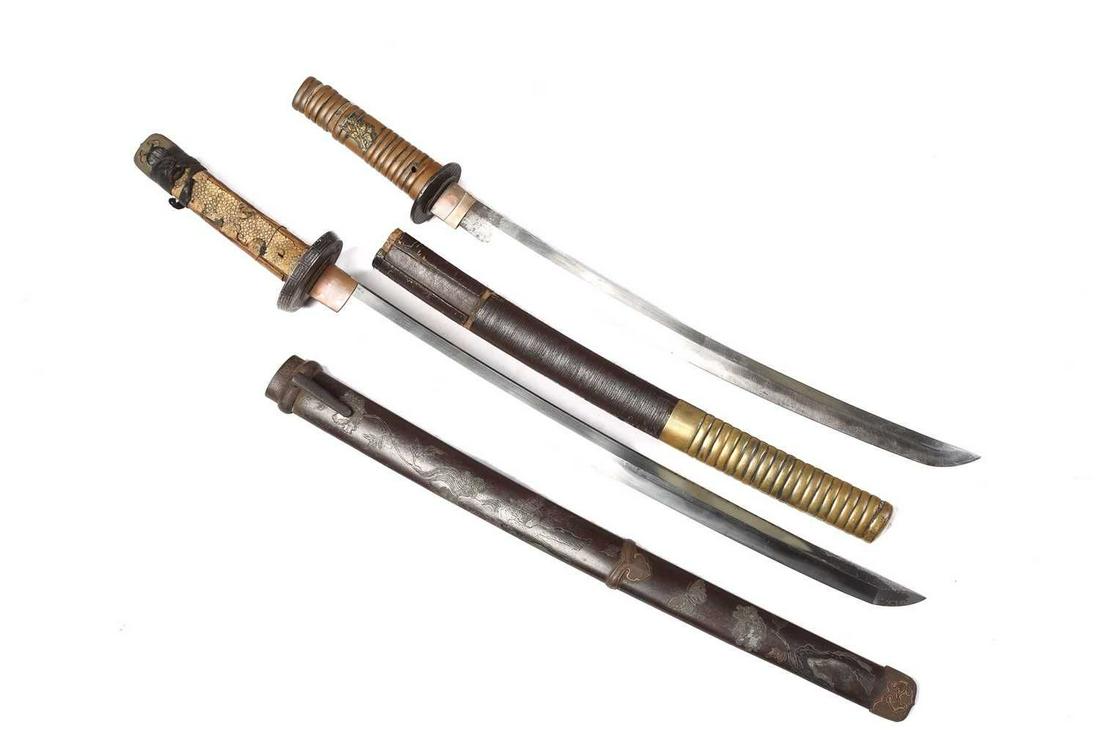 A Japanese wakizashi, probably Meiji 19th/20th century with copper annulated tsuka and saya with a: A Japanese wakizashi, probably Meiji 19th/20th century with copper annulated tsuka and saya with a simple iron tsuba, the tang bearing kanji for Masazane together with another Japanese wakizashi (unma