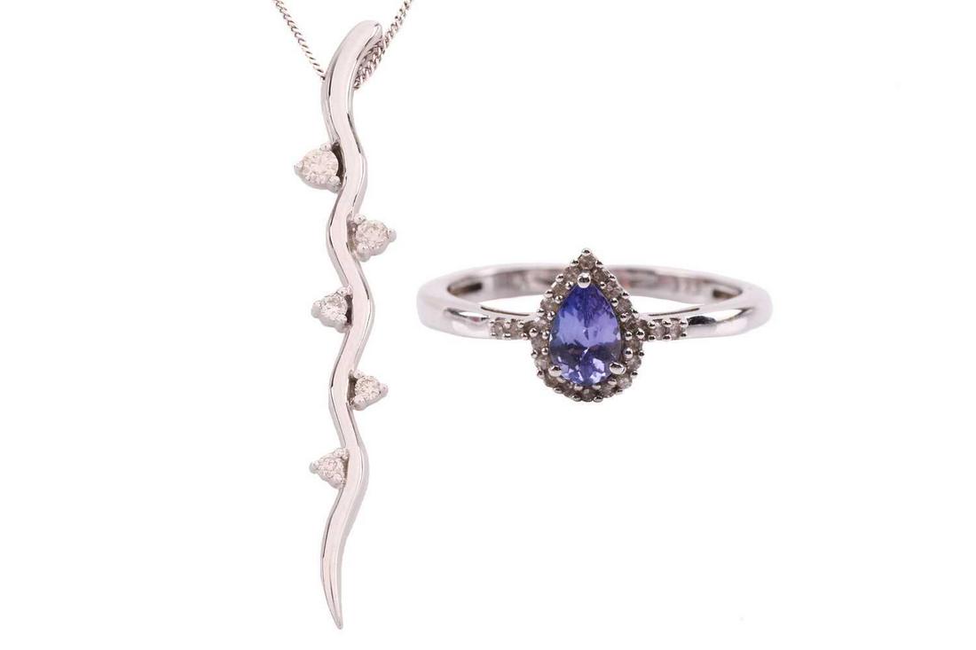 A tanzanite and diamond cluster ring and a diamond pendant on chain; the ring contains a pear-cut: A tanzanite and diamond cluster ring and a diamond pendant on chain; the ring contains a pear-cut tanzanite set within a frame of diamonds, to a tapering shank in 9ct white gold, British assay marks,
