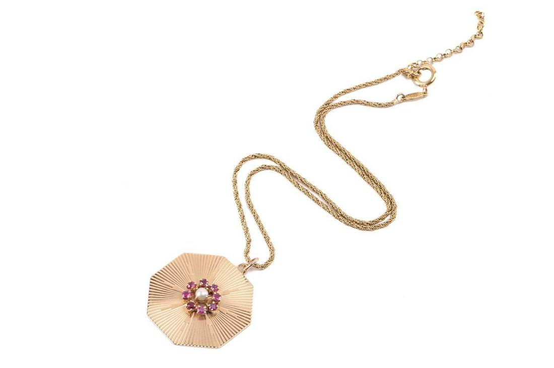 A ruby and pearl cluster pendant on chain, the octagonal pendant centred with a ruby and pearl (1 of 5)