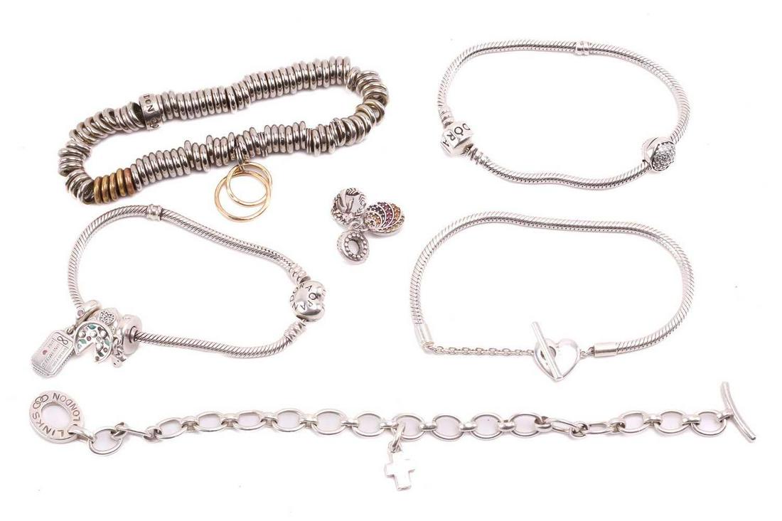 Pandora and Links of London silver charm bracelets and few others; comprising two snake chain: Pandora and Links of London silver charm bracelets and few others; comprising two snake chain Pandora bracelets with heart charms, convention marks for '925' silver; a Links of London toggle bracelet,