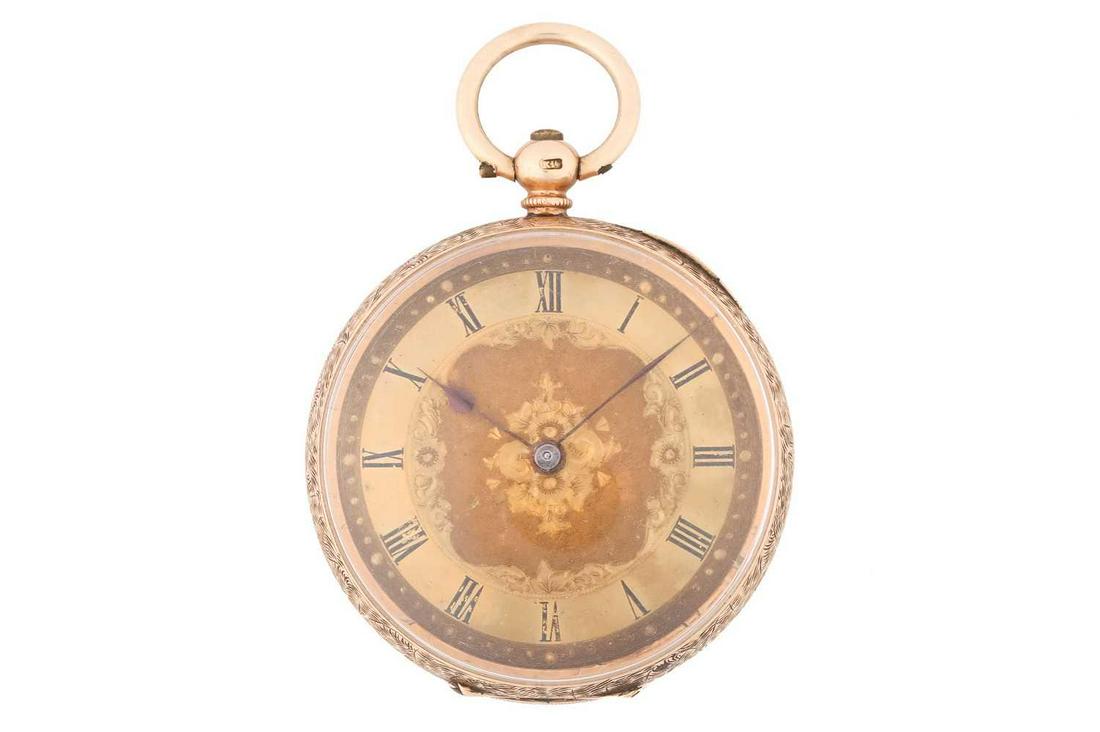 An open-face fob pocket watch, featuring a key wound movement in a yellow metal case stamped 14K and (1 of 8)