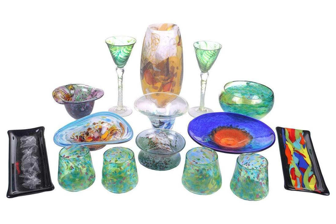 A collection of Art Glass from New Zealand, Australia and Canada, including Venus Tokiko bowl, with: A collection of Art Glass from New Zealand, Australia and Canada, including Venus Tokiko bowl, with etched mark, 8cm high, De Flute blue and orange pedestal bowl, with etched mark, 23 cm diameter, a p