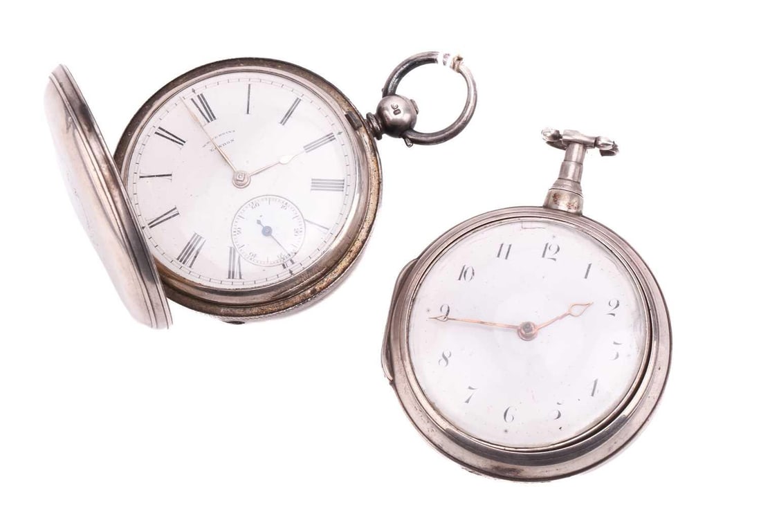 Two silver pocket watches featuring a silver W R Perkins London full hunter pocket watch, featuring (1 of 9)