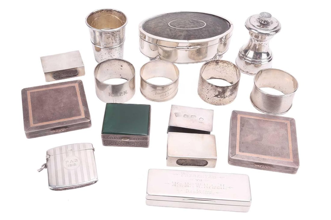 A late Victorian silver two-section silver presentation pill box, London 1891 by Wright & Davies,: A late Victorian silver two-section silver presentation pill box, London 1891 by Wright & Davies, together with other items of small silver including napkin rings, matchbox covers dressing table box a