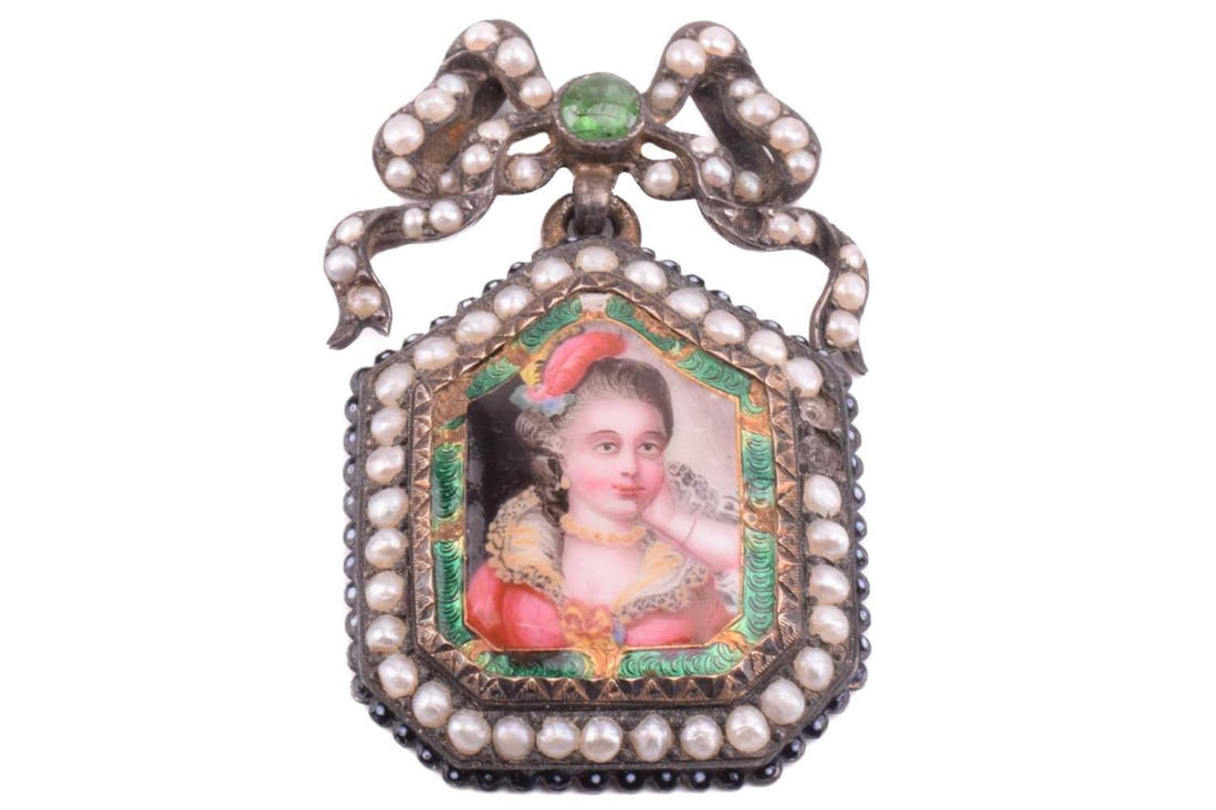 An 18th-century French enamel miniature pendant, the pentagon enamel miniature depicts a bust of a (1 of 3)