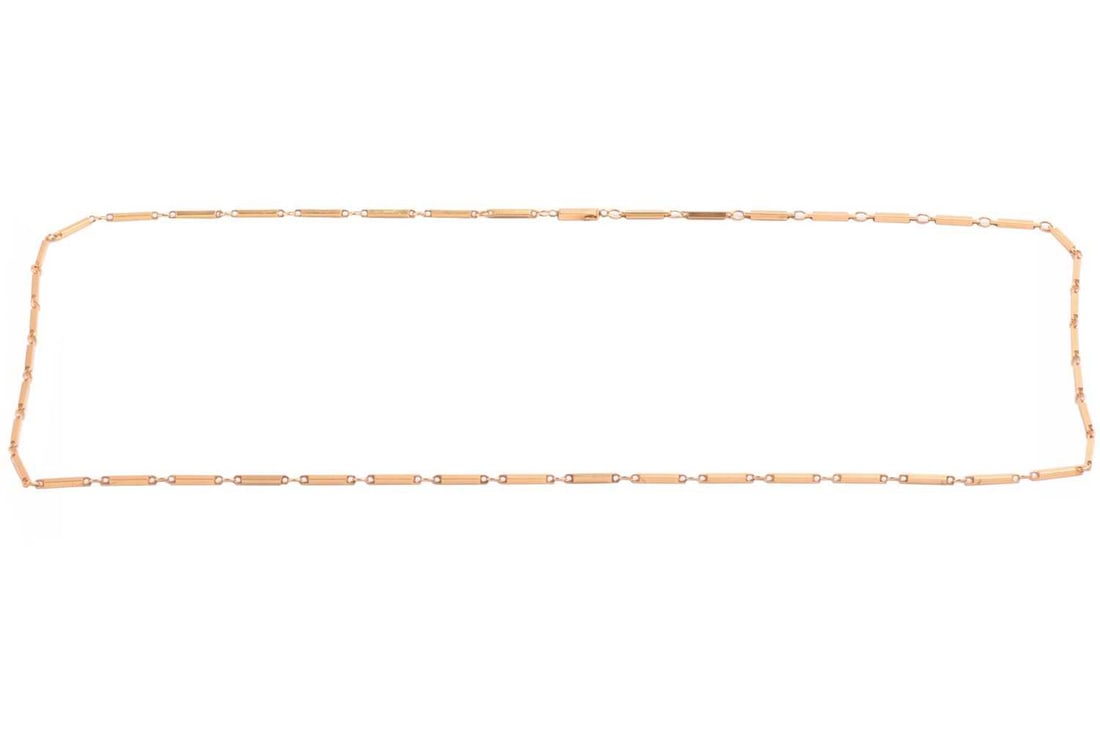 Andrew Grima - a polished bar link necklace in 18ct yellow gold, connected by cable links in: Andrew Grima - a polished bar link necklace in 18ct yellow gold, connected by cable links in between, fastened by a conforming tube clasp, British hallmarks '750', signed 'Grima', overall length 66.5