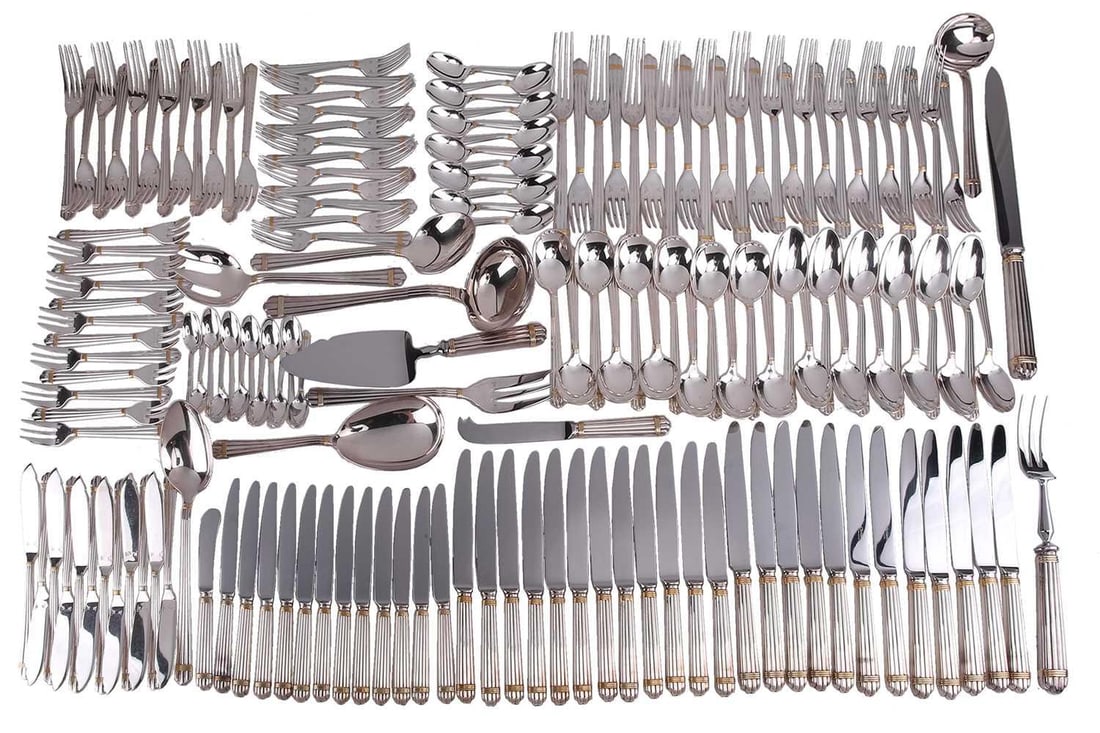 A Christofle "Aria" loose canteen of silver-plated flatware for twelve places with gold-plated (1 of 11)