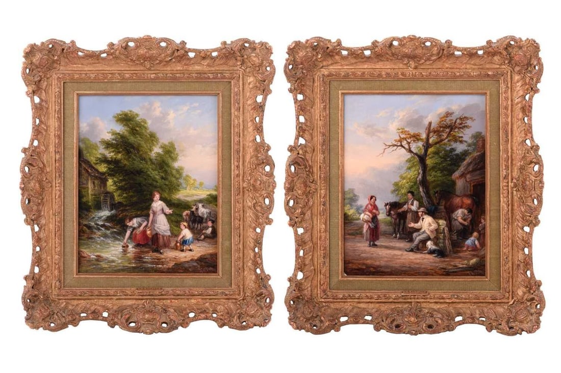 John Anthony Puller (1799 â€“ 1867), â€œThe gypsy fortune tellerâ€ & â€œFetching water from the: John Anthony Puller (1799 â€“ 1867), â€œThe gypsy fortune teller” & â€œFetching water from the mill stream”, a pair, both signed, oil on canvas, 25cm x 20cm, in ornate gilt fr