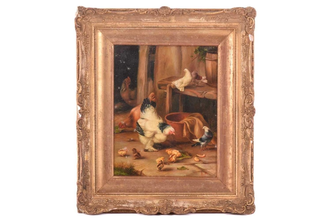 After Edgar Hunt (1876-1953), Chickens and Chicks in a Farmyard, initialled E.H., oil on panel, 24 x: After Edgar Hunt (1876-1953), Chickens and Chicks in a Farmyard, initialled E.H., oil on panel, 24 x 19 cm, framed and glazed, frame 38.5 x 33.5 cm