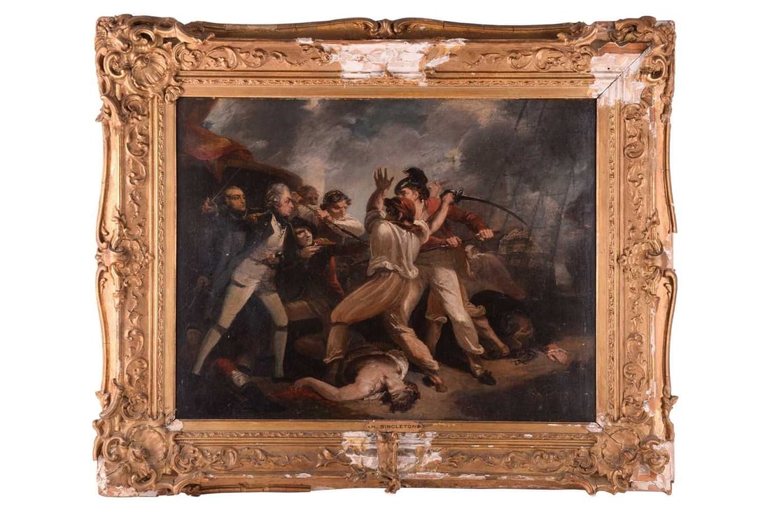 Henry Singleton (1766-1839), Admiral Nelson Boarding the St Joseph during the Battle of Cape St: Henry Singleton (1766-1839), Admiral Nelson Boarding the St Joseph during the Battle of Cape St Vincent, 14 February 1797, unsigned, oil on canvas, 51 x 67 cm, in an ornate gilt gesso frame (with loss