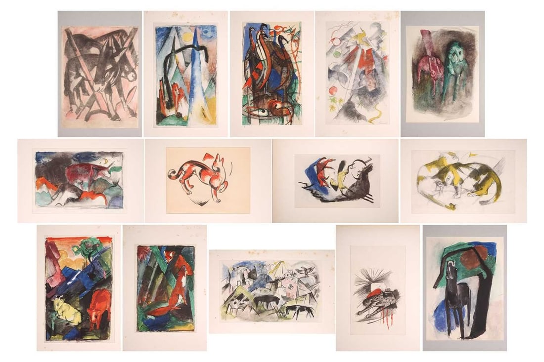 † Franz Marc (1880-1916) German, a folio of fourteen hand-coloured drawings from 'The Sketchbook: † Franz Marc (1880-1916) German, a folio of fourteen hand-coloured drawings from 'The Sketchbook of Franz Marc', published by Gustav Kiepenheuer, Potsdam, limited edition, numbered 268, in outer sli