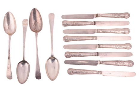 Four silver serving spoons, including one by Hester Bateman and a set of eight Victorian silver: Four silver serving spoons, including one by Hester Bateman and a set of eight Victorian silver dessert knives with filled silver Kings pattern handles, 7.9ozt weighable silver.