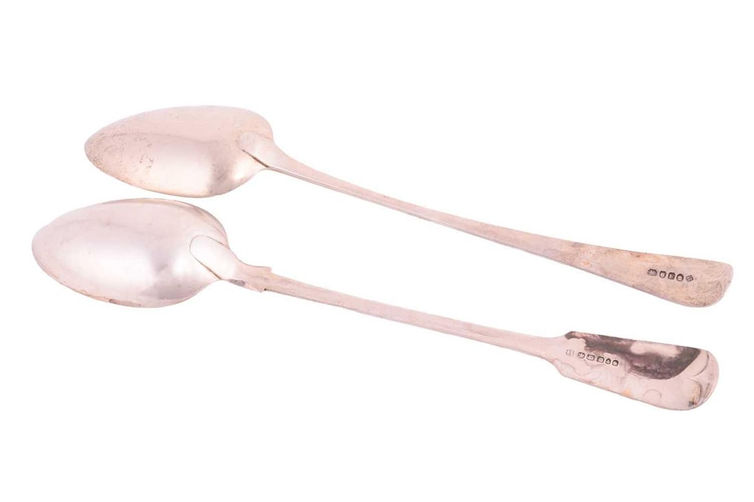 A George III Old English pattern basting spoon, London 1801 by Christopher & Thomas Wilkes Barker;: A George III Old English pattern basting spoon, London 1801 by Christopher & Thomas Wilkes Barker; together with a silver plated fiddle pattern basting spoon 3.8 ozt (2)