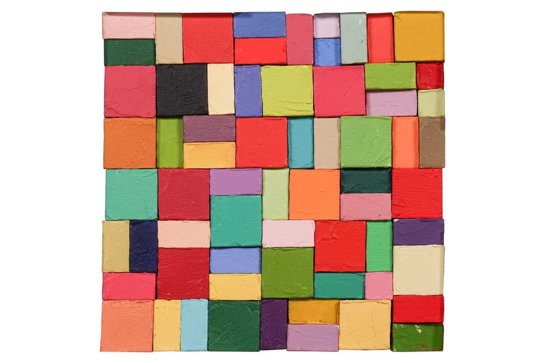 † Carlos Estrada-Vega (b.1955) Mexican, 'Tres Tamaños About Sixty Colors', 2001, oil on canvas: † Carlos Estrada-Vega (b.1955) Mexican, 'Tres Tamaños About Sixty Colors', 2001, oil on canvas magnetic wood blocks on a metal plate, signed and inscribed on the verso of the metal plate, 18.5 cm x