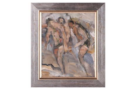 † Robert Medley (1905-1994) 'Bathers', unsigned, labelled verso, oil on board, 30.5 x 25.5 cm,: † Robert Medley (1905-1994) 'Bathers', unsigned, labelled verso, oil on board, 30.5 x 25.5 cm, framed 39 x 34 cm