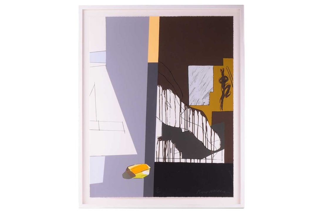 † Bruce McLean (b.1944) British, 'A Peeled and Carefully Faceted Golden Wonder Sculpture against a: † Bruce McLean (b.1944) British, 'A Peeled and Carefully Faceted Golden Wonder Sculpture against a two-grey Background', screenprint, numbered 35/40 and signed, 90 cm x 71 cm framed and glazed, the