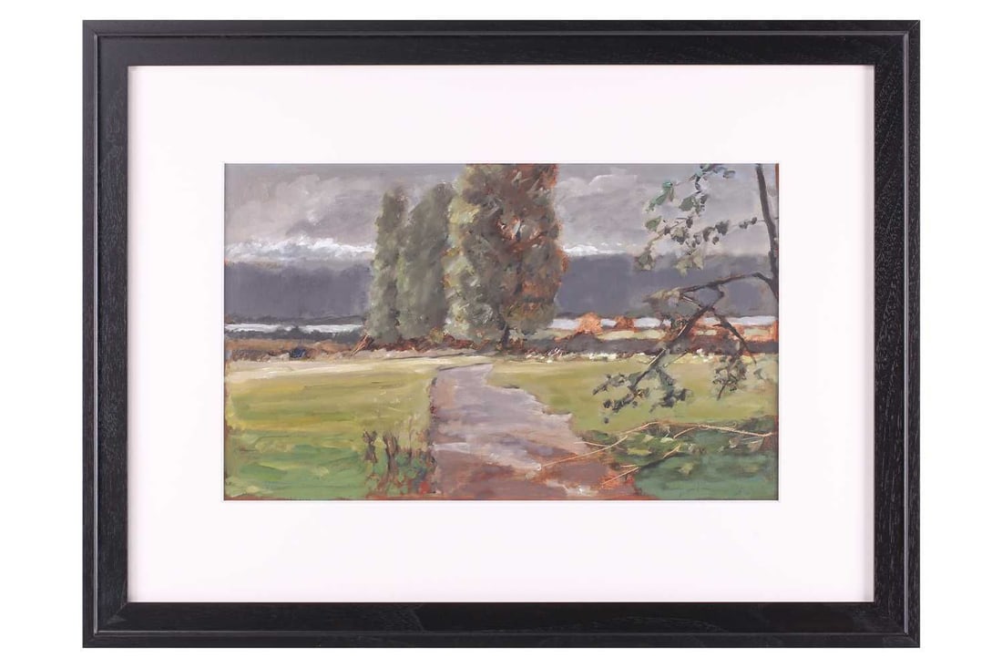 Norman Lundin (b.1938), American, Trees and Pathway, 1999, unsigned, oil on paper, 27 x 44 cm,: Norman Lundin (b.1938), American, Trees and Pathway, 1999, unsigned, oil on paper, 27 x 44 cm, framed and glazed 50 x 67 cm