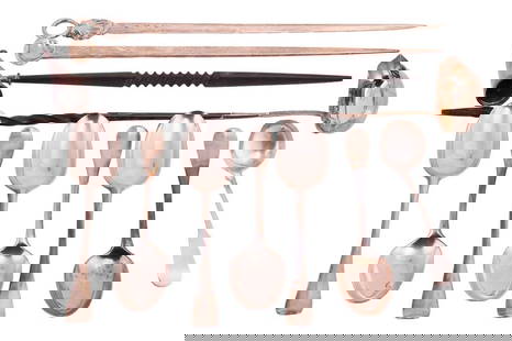 A set of six George III Scottish silver Hanoverian pattern tablespoons, 1776 by Milne & Campbell: A set of six George III Scottish silver Hanoverian pattern tablespoons, 1776 by Milne & Campbell (Glasgow), together with two George III silver meat skewers, London 1763 by William Grundy and London 1