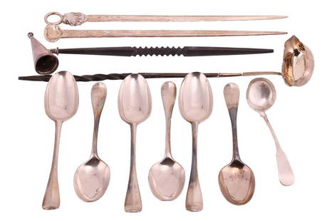 A set of six George III Scottish silver Hanoverian pattern tablespoons, 1776 by Milne & Campbell: A set of six George III Scottish silver Hanoverian pattern tablespoons, 1776 by Milne & Campbell (Glasgow), together with two George III silver meat skewers, London 1763 by William Grundy and London 1