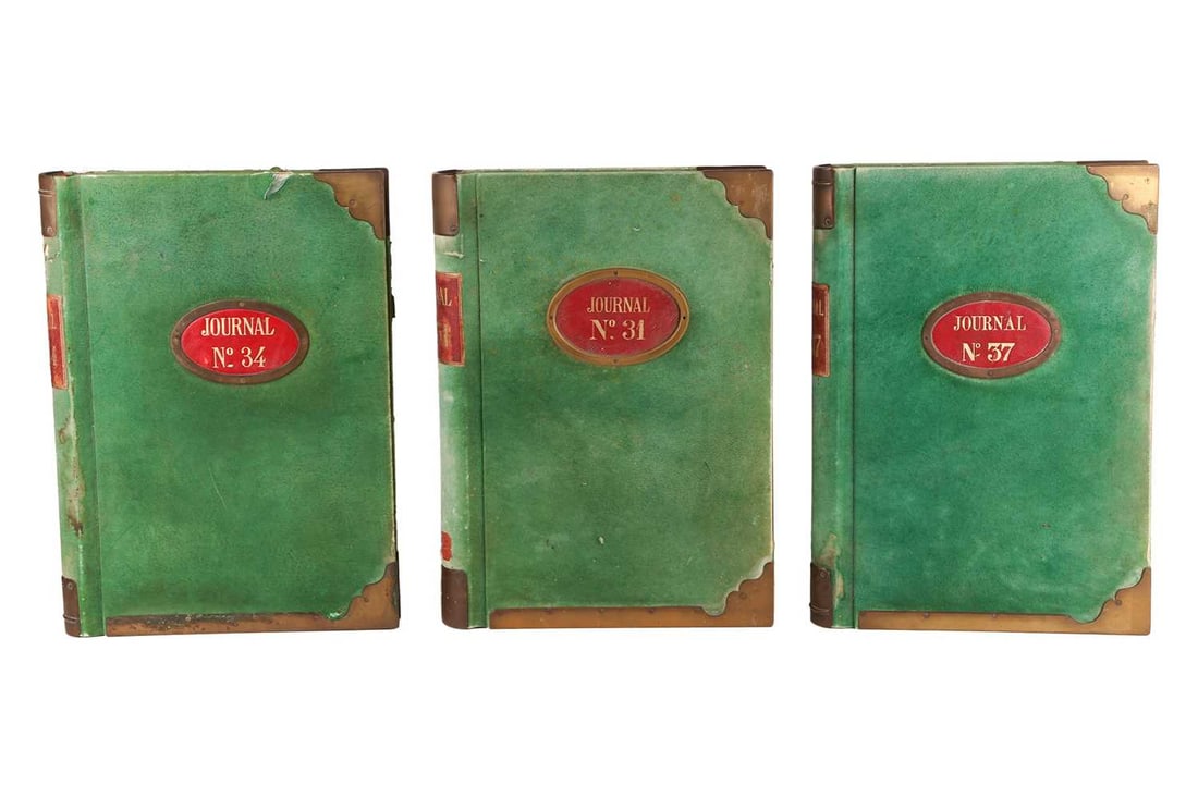 A trio of early 20th-century French account ledgers, 48 cm x 35 cm: A trio of early 20th-century French account ledgers, 48 cm x 35 cm