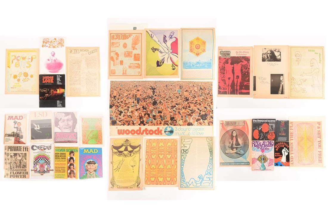 A group of music and 1960s counter-culture memorabilia, from the collection of the late Trevor Hughe: A group of music and 1960s counter-culture memorabilia, from the collection of the late Trevor Hughes, comprising: Hollingshead, Michael; 'The Man Who Turned on the World', London: Blond & Briggs,