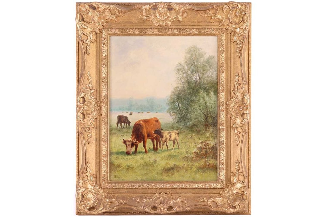 William Frederick Hulk (1852 - c.1906), Cow and Calf, signed, oil on canvas, 30.5 x 22.5 cm, in a: William Frederick Hulk (1852 - c.1906), Cow and Calf, signed, oil on canvas, 30.5 x 22.5 cm, in a later frame 43.5 x 36 cm Eton Gallery, Windsor