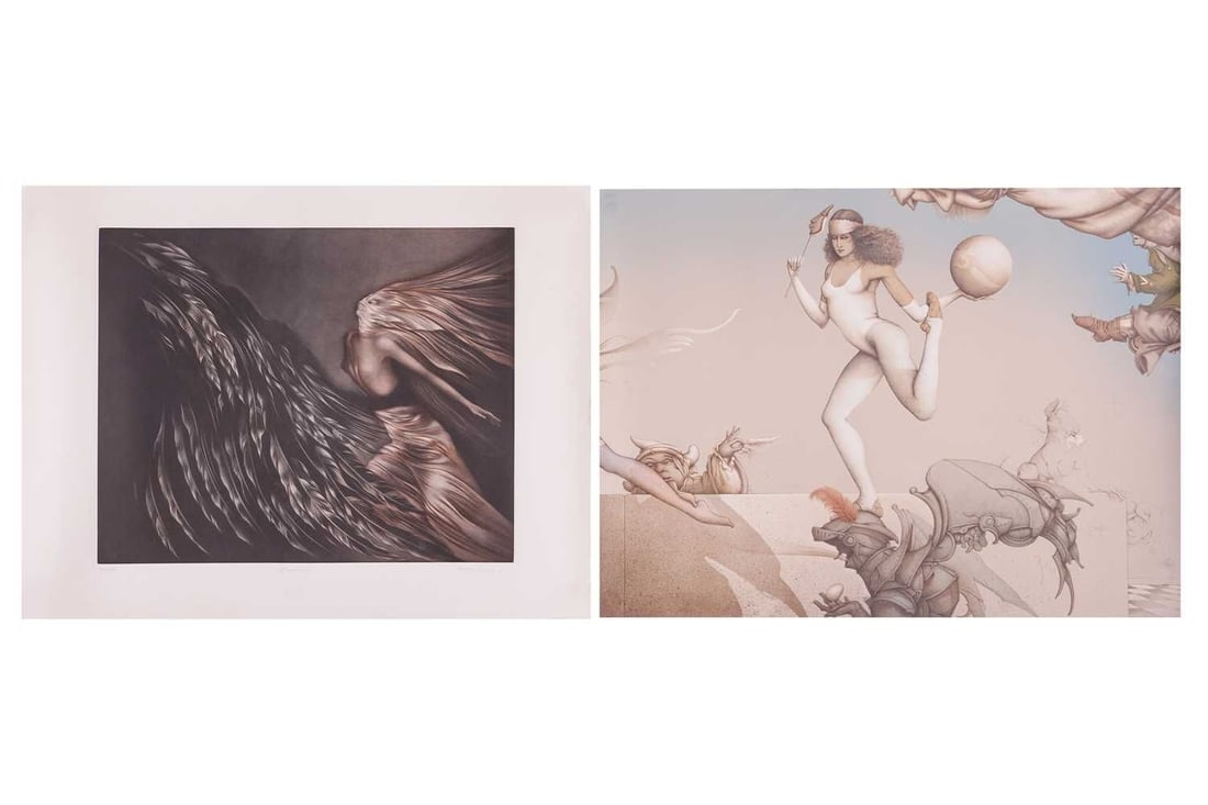 Michael Parkes (b.1944) American, Last Circus, signed and numbered 16/20 AE, lithograph, 55.5 x 74.5: Michael Parkes (b.1944) American, Last Circus, signed and numbered 16/20 AE, lithograph, 55.5 x 74.5 cm, unframed; and T. Donatella (b. 1947) French, 'Emprise', signed, titled and numbered 13/99 in pe