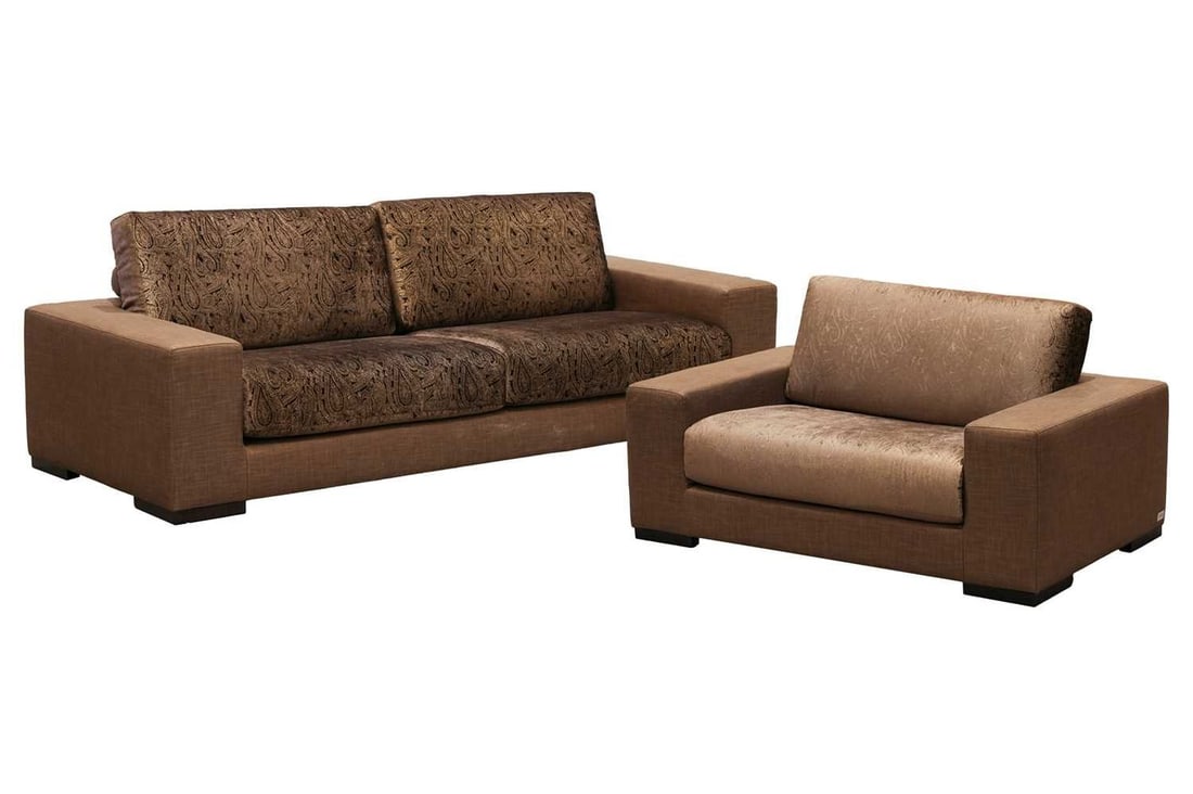 Fendi, a designer three-seat studio sofa of architectural form, with bronze effect linen upholstery,: Fendi, a designer three-seat studio sofa of architectural form, with bronze effect linen upholstery, on simple bracket feet, 250 cm x 96 cm, together with a two-seat sofa of similar design Comes with