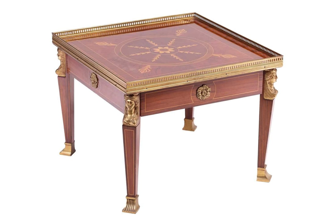 A 20th-century French Empire-style gallery-topped square coffee table with inlaid decoration and: A 20th-century French Empire-style gallery-topped square coffee table with inlaid decoration and gilt metal mounts throughout, supported on classical cariated capped square legs, 58 cm x 58 cm x 46 cm