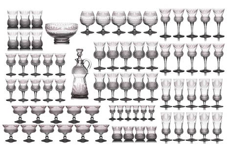 A large suite of Edinburgh Crystal Thistle pattern glassware, eighty pieces, comprising: a fruit: A large suite of Edinburgh Crystal Thistle pattern glassware, eighty pieces, comprising: a fruit bowl, a whisky decanter, six liquor glasses, six sherry/port glasses, five brandy glasses, ten champagn