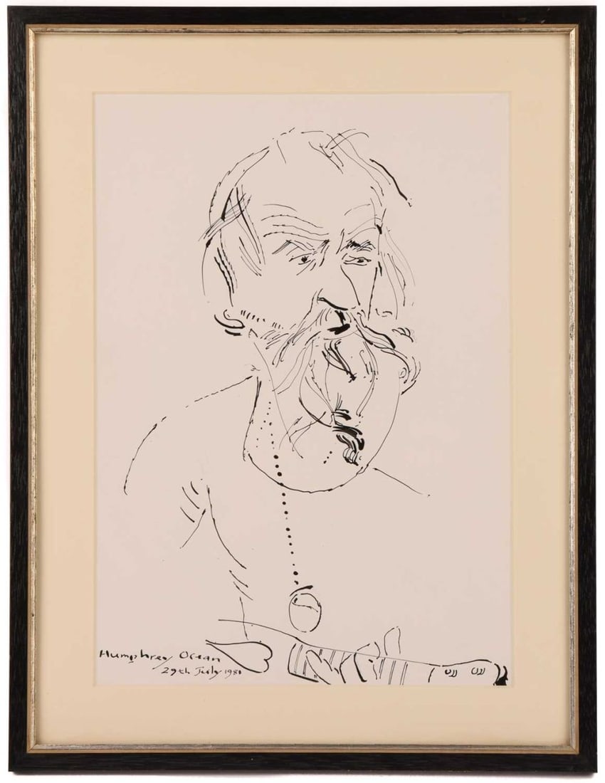 Humphrey Ocean RA (b.1951), Portrait sketch of Vivian Stanshall, pen and ink, signed and dated 29th: Humphrey Ocean RA (b.1951), Portrait sketch of Vivian Stanshall, pen and ink, signed and dated 29th July 1980, 29 cm x 20.5 cm framed and glazed. This lot, along with all others in the sale, has been
