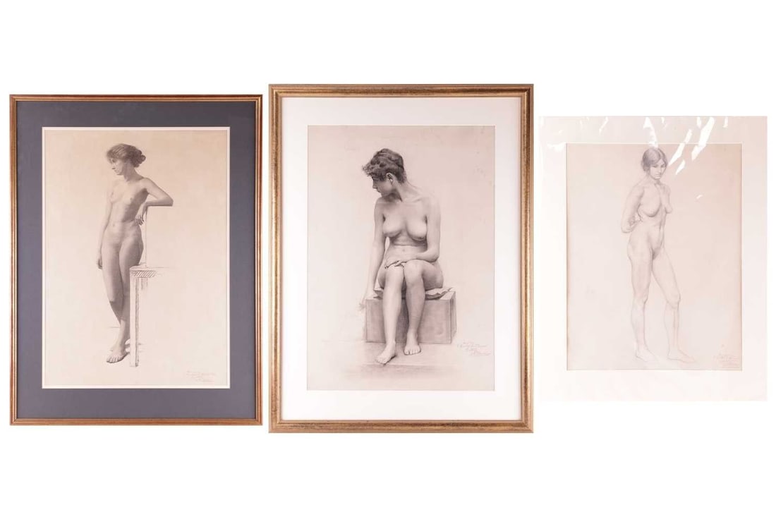 Gaynor Elizabeth Bury (1890 - 1975), Royal Academy Schools study of a standing female nude,: Gaynor Elizabeth Bury (1890 - 1975), Royal Academy Schools study of a standing female nude, inscribed 'Bury' in pencil (upper right), signed and dated May 22nd 1914 in pencil by Henry Thomas Bosdet (C