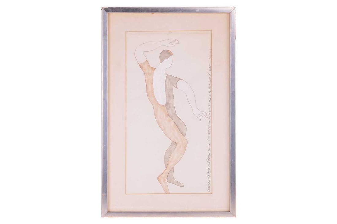 † Derek Jarman (1942 - 1994) 'Loving and Giving Fridays Child', signed in pencil, watercolour and: † Derek Jarman (1942 - 1994) 'Loving and Giving Fridays Child', signed in pencil, watercolour and white, 43 x 22.5 cm, framed and glazed 55.5 x 35.5 cm This is the costume worn by Rudolf Nureyev in