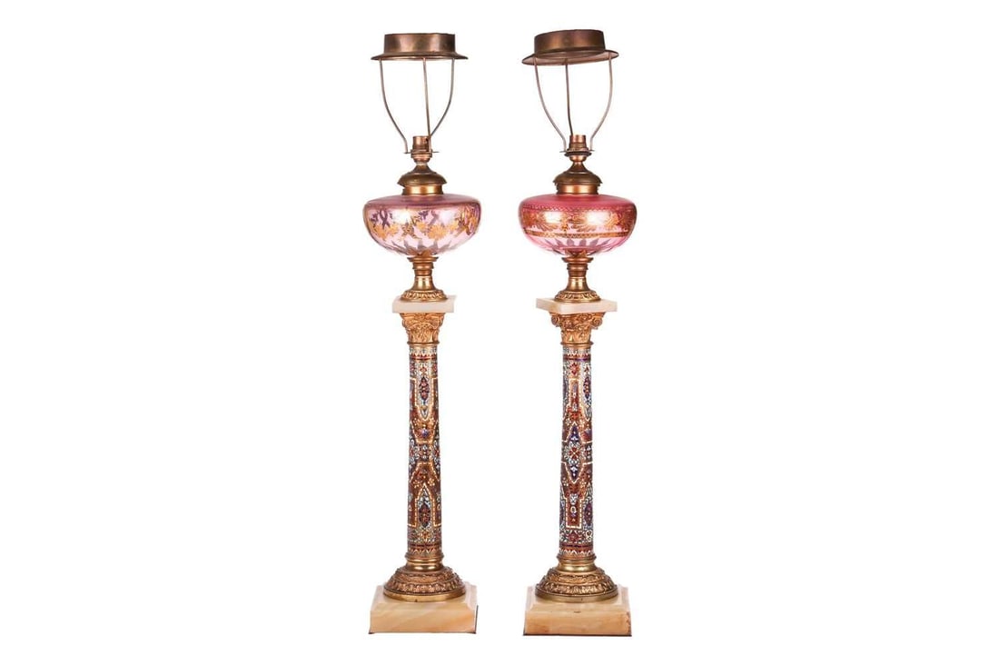 A pair of 19th-century French onyx, gilt metal and champléve enamel oil lamp bases of Corinthian (1 of 5)