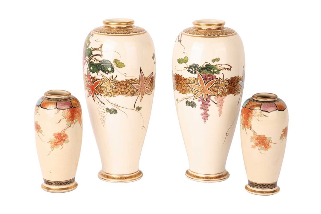 Two graduated pairs of Meiji period Japanese Satsuma vases, decorated with a wisteria motif, the lar: Two graduated pairs of Meiji period Japanese Satsuma vases, decorated with a wisteria motif, the largest measures 26 cm. Lot is in good overall condition with some wear to decoration commensurate with