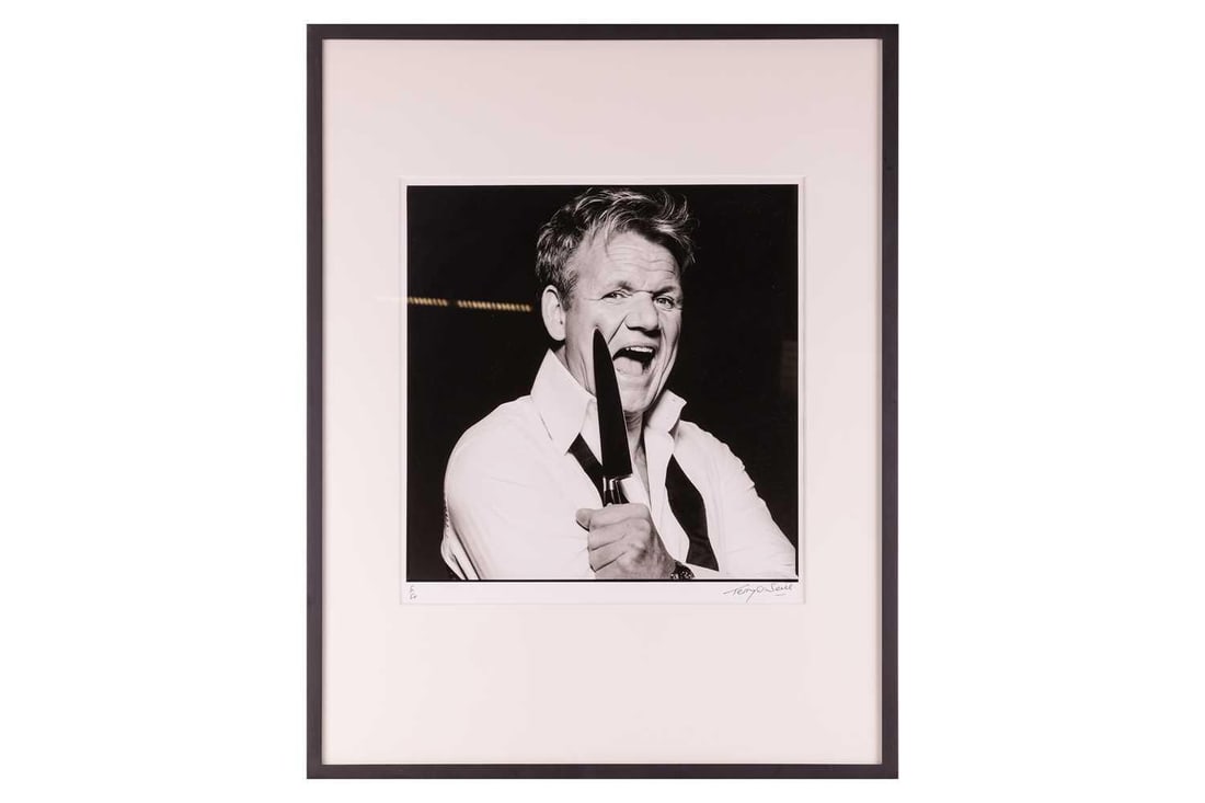 † Terry O'Neill (1938 - 2019), Gordon Ramsay with Knife (2007), signed 'Terry O'Neill' (lower: † Terry O'Neill (1938 - 2019), Gordon Ramsay with Knife (2007), signed 'Terry O'Neill' (lower right) numbered 5/50, silver gelatin print, image 46 x 45 cm, framed and glazed 88 x 69 cm