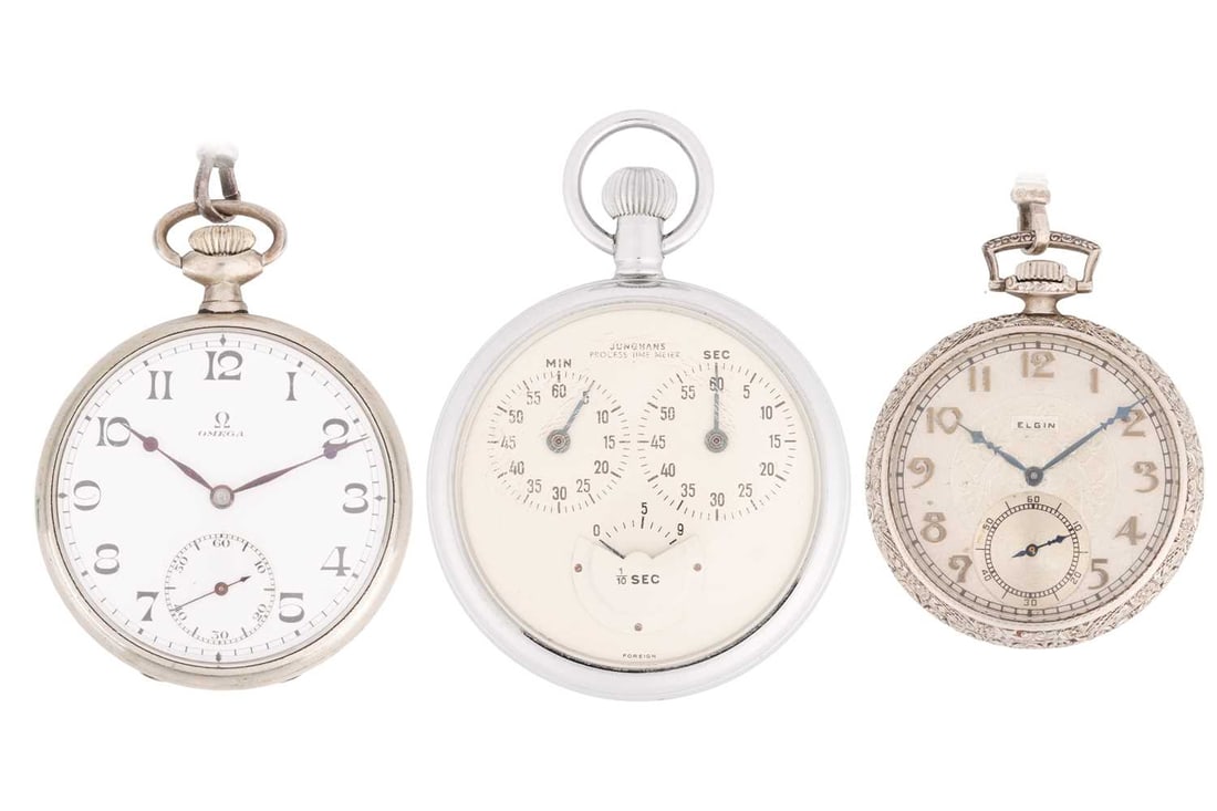 A collection includes an Omega pocket watch, Junghans stopwatch and an Elgin pocket watch. The open- (1 of 8)