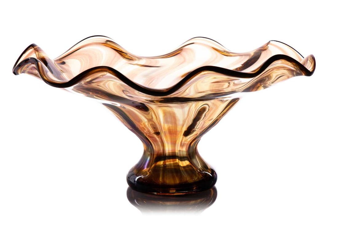 A large Sergio Costantini Murano art glass bowl, of smoked amber colour with wavy edge rim, bespoke: A large Sergio Costantini Murano art glass bowl, of smoked amber colour with wavy edge rim, bespoke made for the vendor, 2015, with certificate and etched marks to the base, 23 cm high x 49 cm wide.