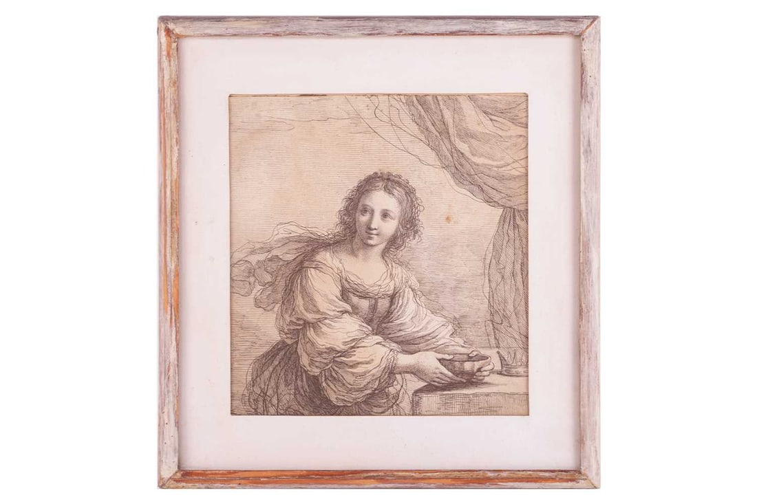 Francesco Bartolozzi, etching of 'Santa' after the drawing by Barbieri Giovanni Francesco, London, 1: Francesco Bartolozzi, etching of 'Santa' after the drawing by Barbieri Giovanni Francesco, London, 1797, published by John and Josiah Boydel, 20.5 cm x 19 cm, framed and glazed, 30 cm x 28 cm.