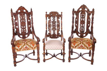 A near pair of Victorian carved oak open armchairs, in the Carolean style, with open S-Scroll, roset (1 of 6)