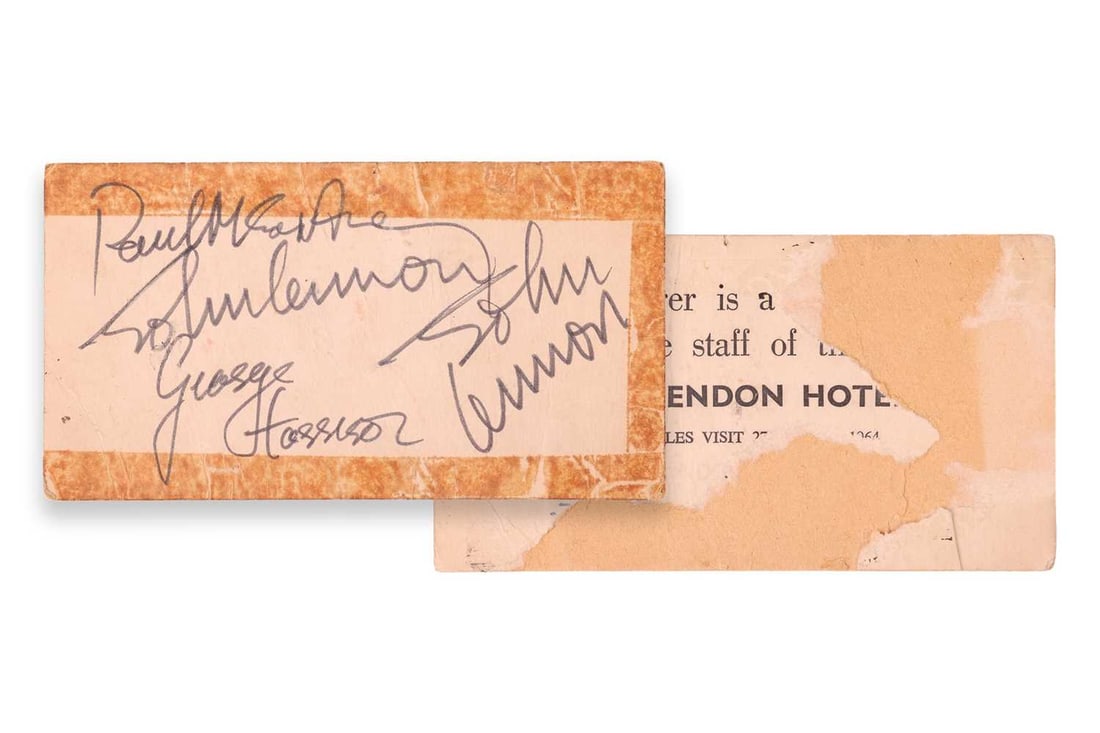 The Beatles: A 1964 Clarendon Hotel (New Zealand) card, signed by Paul McCartney, John Lennon and Ge (1 of 3)