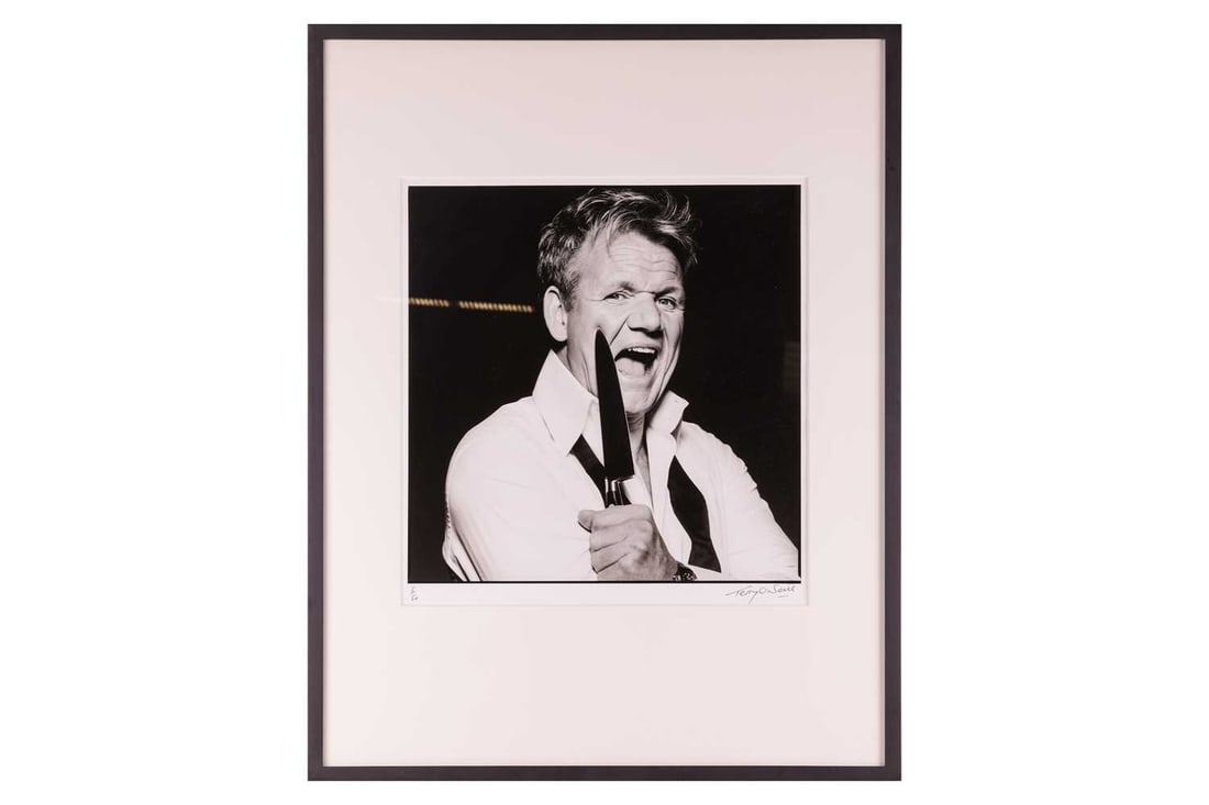 Terry O'Neill (1938 - 2019), Gordon Ramsay with Knife (2007), signed 'Terry O'Neill' (lower right) n: Terry O'Neill (1938 - 2019), Gordon Ramsay with Knife (2007), signed 'Terry O'Neill' (lower right) numbered 5/50, silver gelatin print, image 46 x 45 cm, framed and glazed 88 x 69 cm
