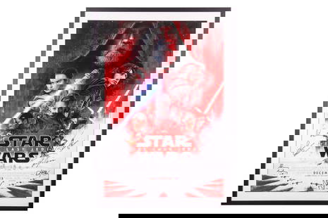 Star Wars: The Last Jedi, a cast-signed one sheet film theatrical release poster, to include the sig: Star Wars: The Last Jedi, a cast-signed one sheet film theatrical release poster, to include the signatures of Daisy Ridley, John Boyega, Mark Hamill, Andy Serkis, Adam Driver, Domhnall Gleeson,