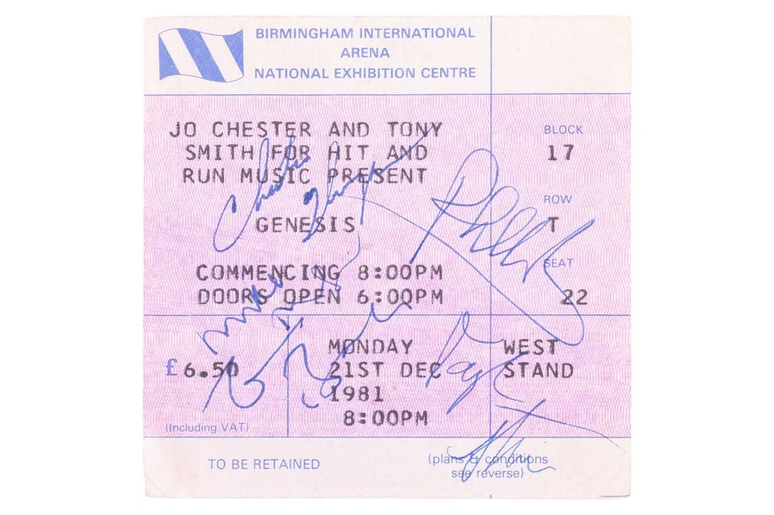 Genesis: a band-signed concert ticket, from their Birmingham NEC show in December 1981, signed by Ph (1 of 2)
